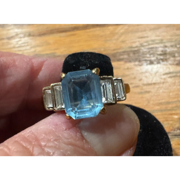 Art Deco Aquamarine 18K GP Gold Electroplate Cocktail Ring 9.5 - Picture 6 of 7